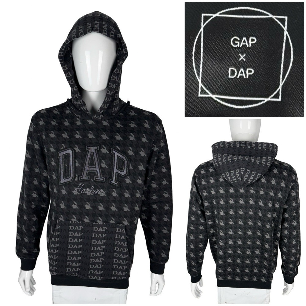 Gap X Dap Mens Medium Hoodie Harlem Houndstooth Dapper Dan Black Gray Cotton